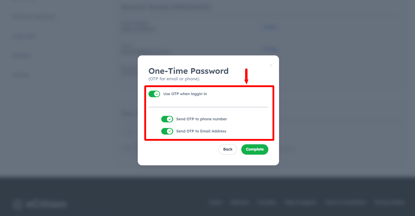 Enable One-Time Password (OTP for Email or Phone)