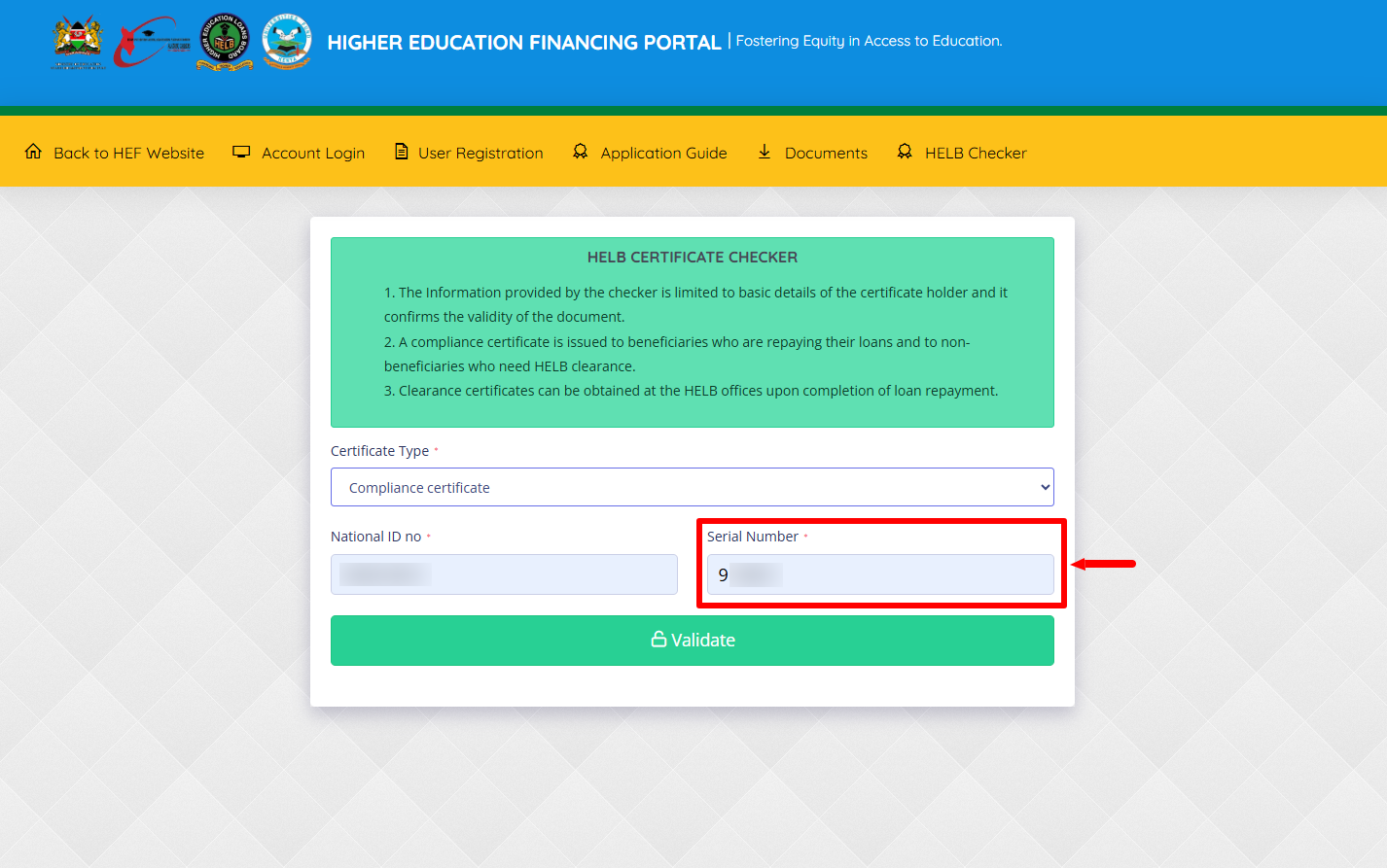 Enter HELB Compliance Certificate Serial Number