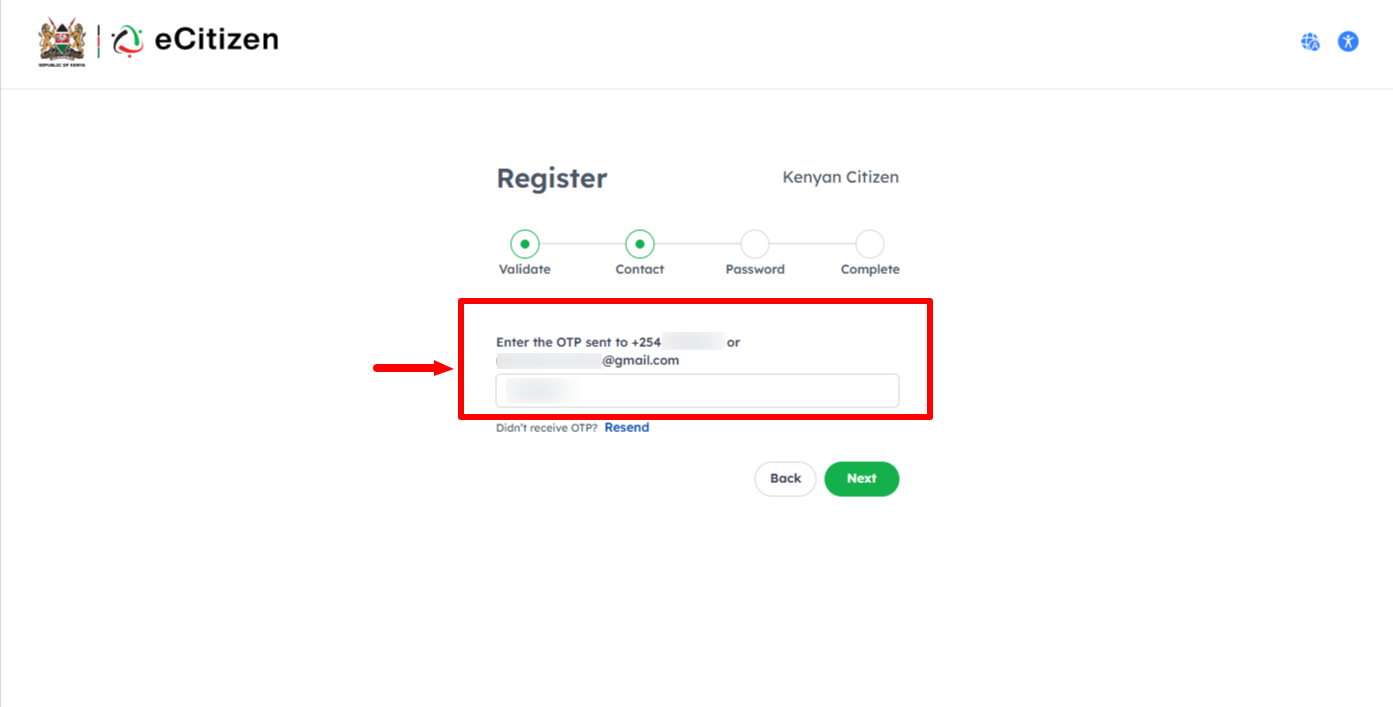Enter eCitizen Account Verification Code