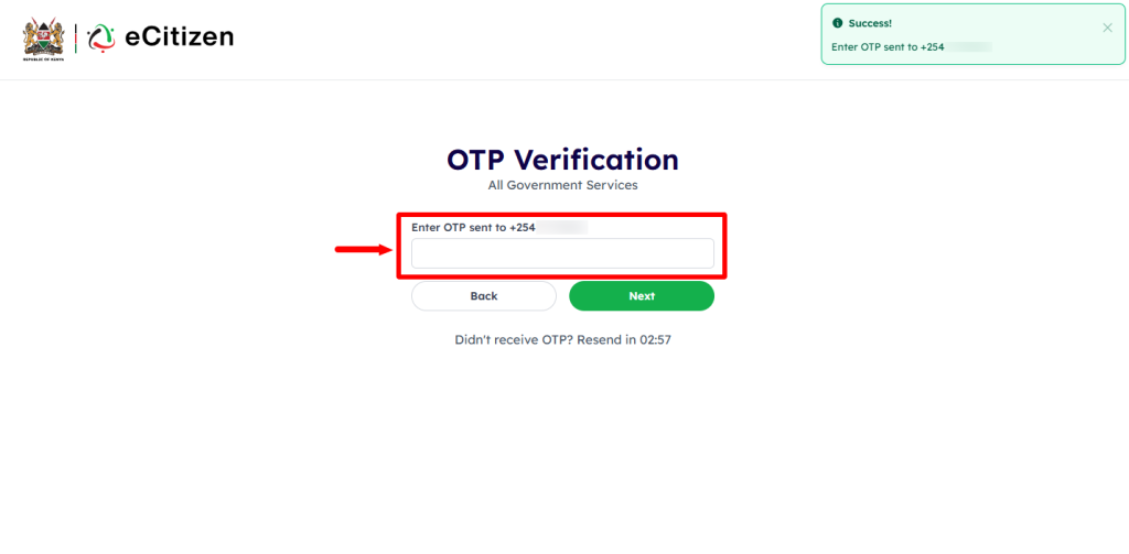 Enter eCitizen OTP Verification Code