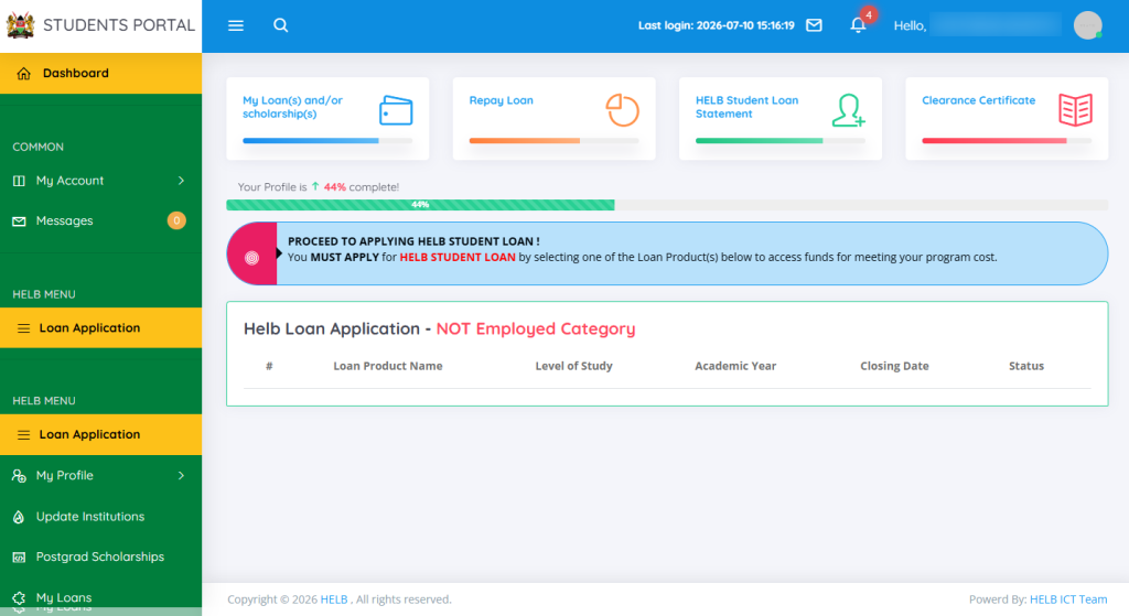 HEF Students Portal Dashboard