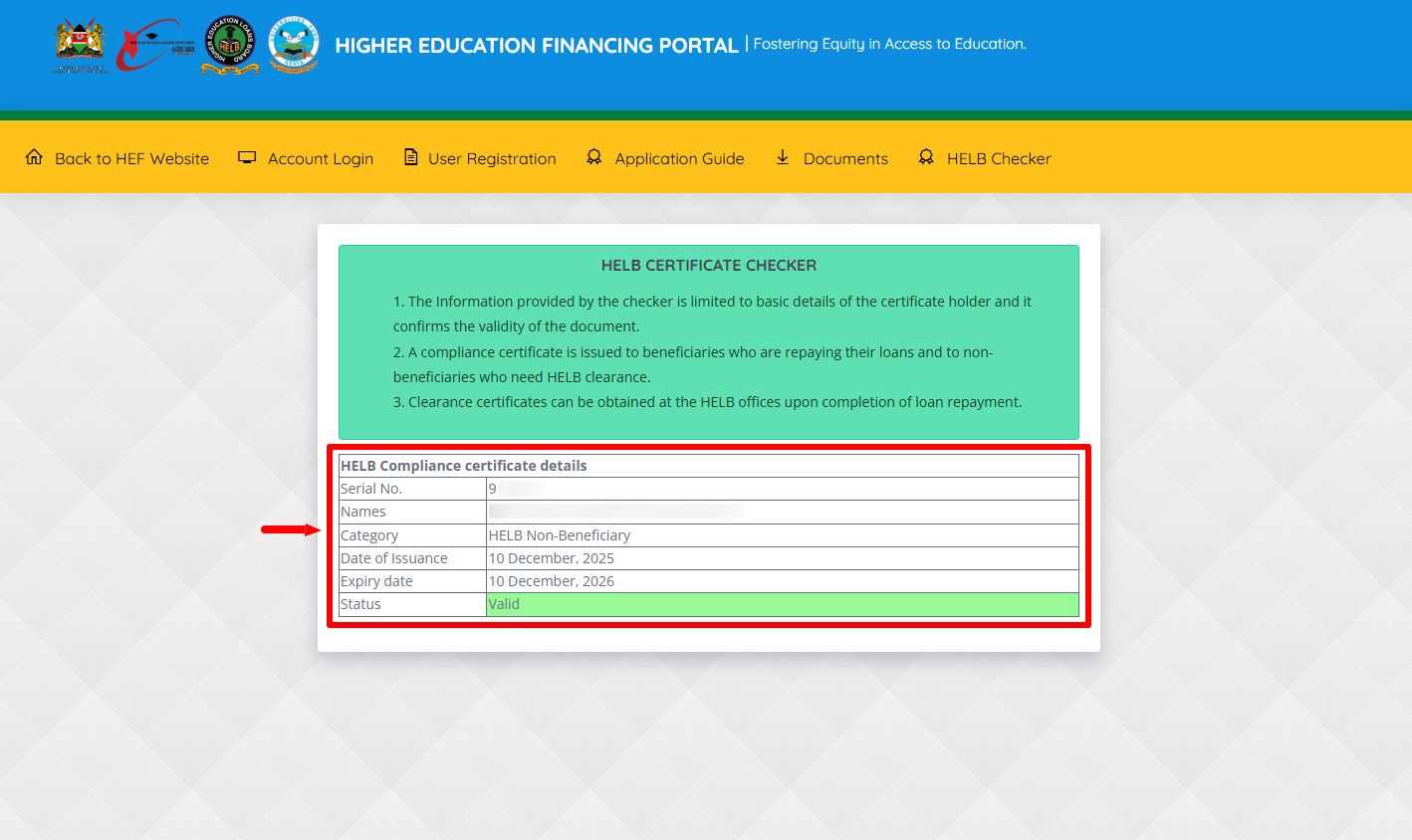 HELB Compliance Certificate Details