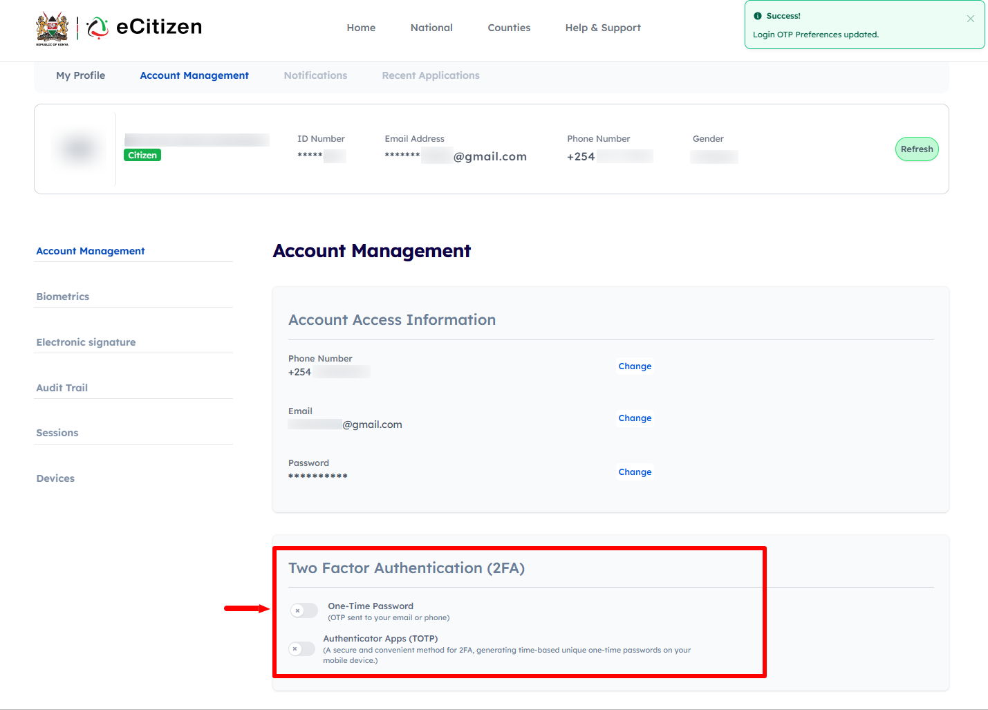Login OTP Preferences Updated