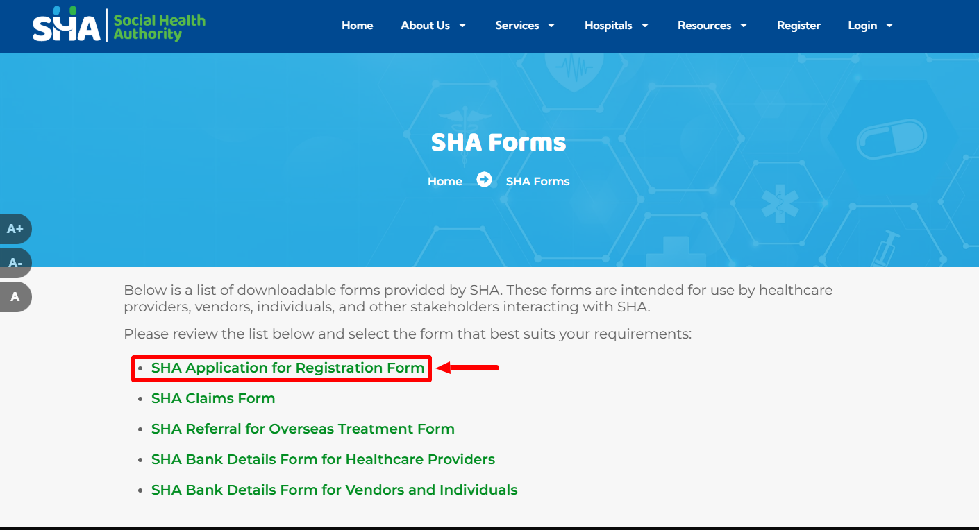 click on sha application for registration form