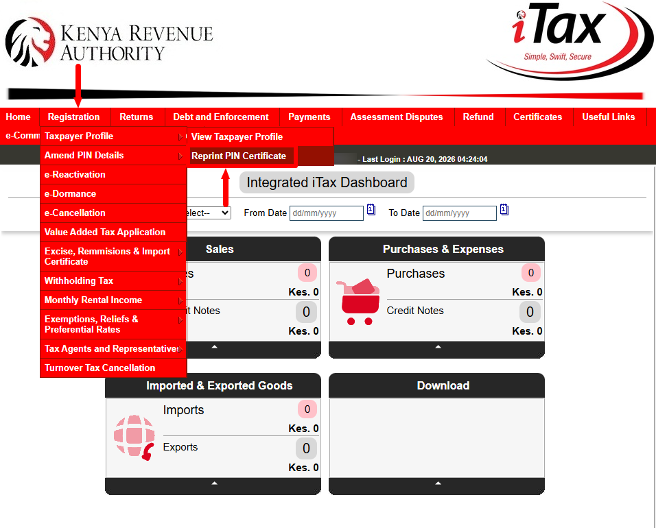 click registration - taxpayer profile - reprint pin certificate