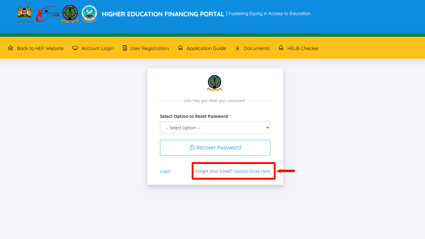 click update hef portal email address