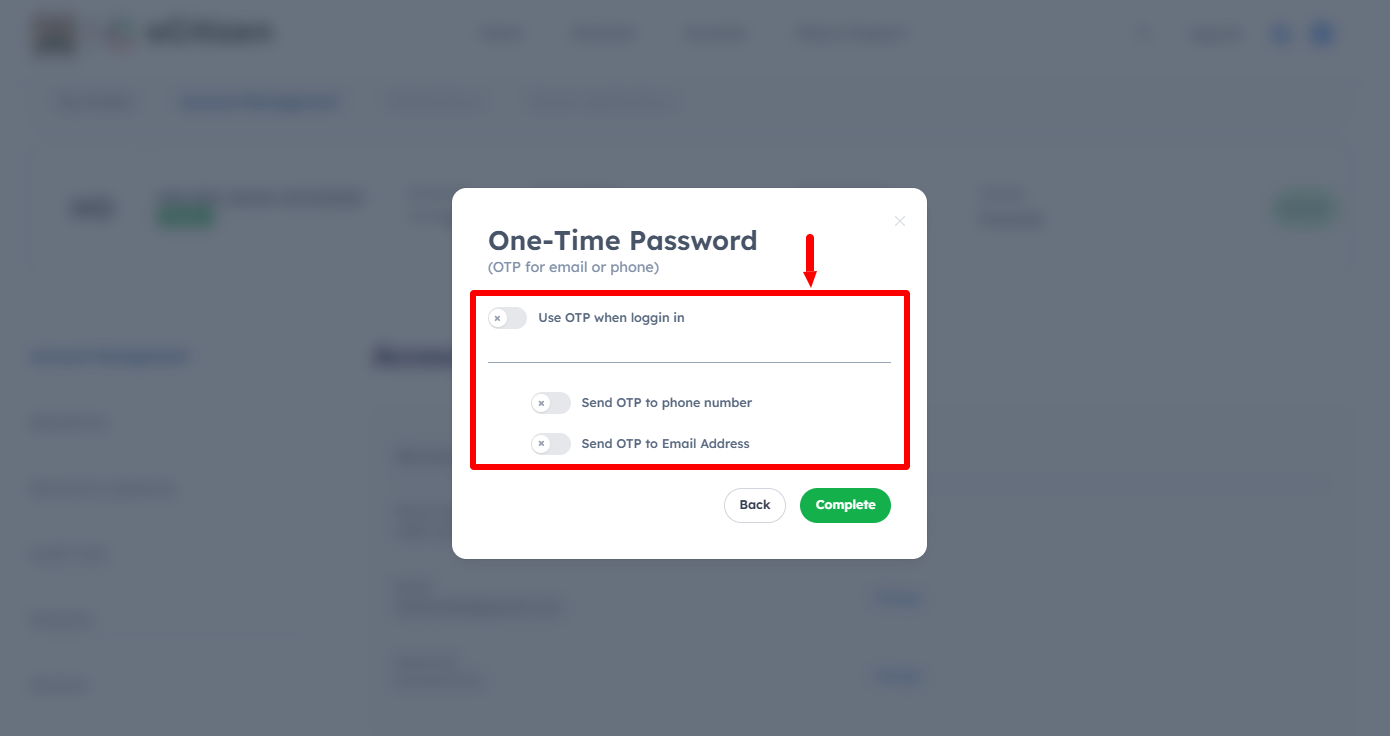 disable ecitizen one-time password (otp)