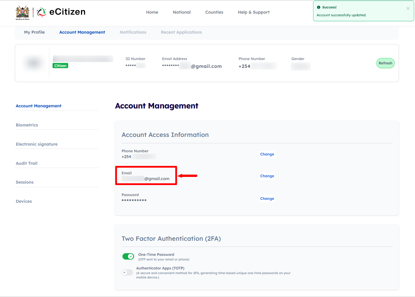 eCitizen Account Email Address Successfully Changed