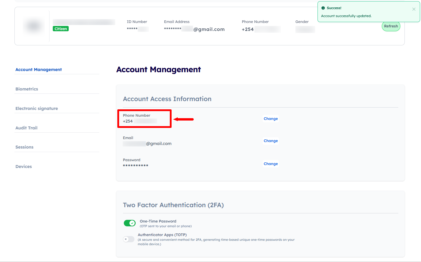 eCitizen Account Phone Number Successfully Changed