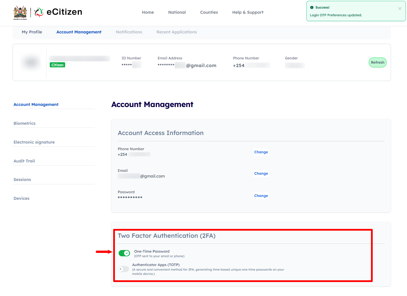 ecitizen login otp preferences updated