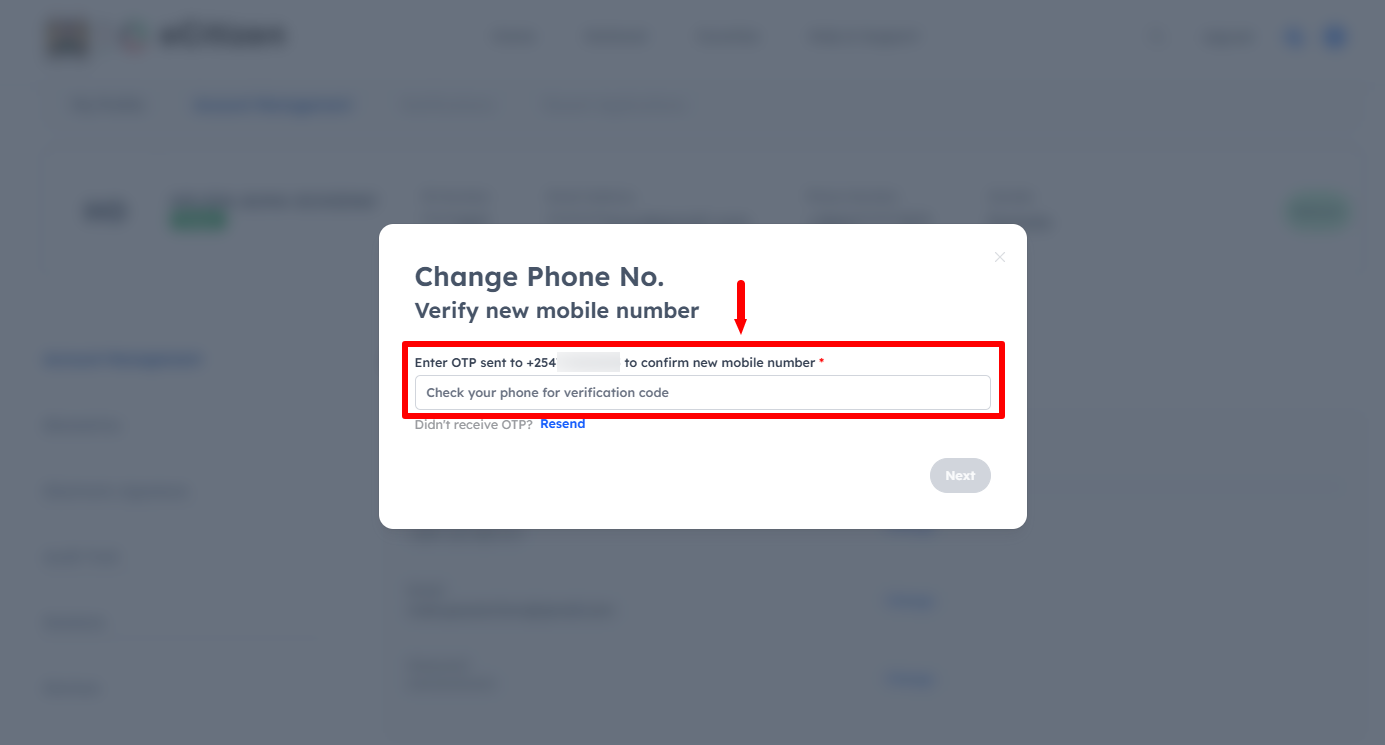 enter ecitizen otp to confirm new phone number