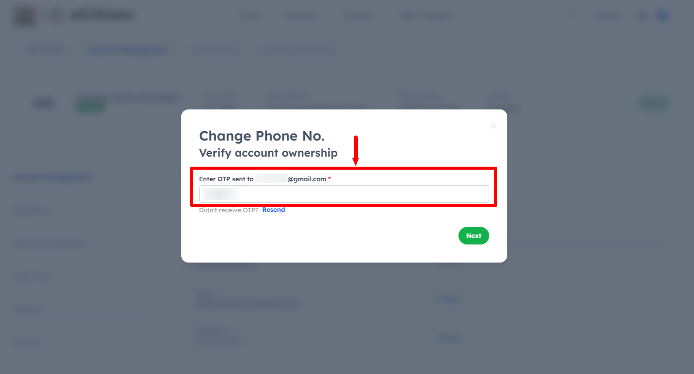 enter ecitizen otp verification code sent to email address