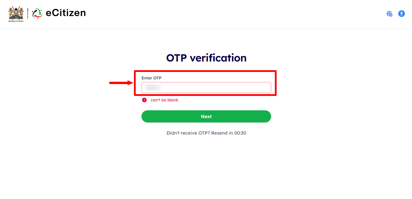 enter ecitizen otp verification code