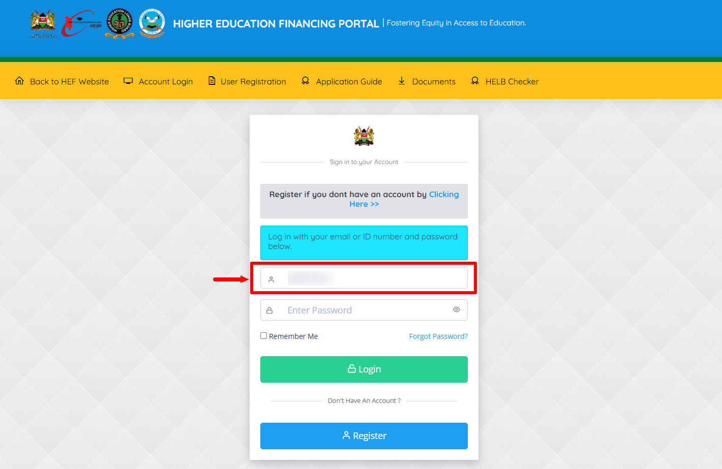 enter email address of id number
