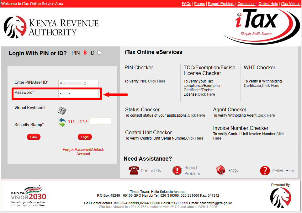 enter itax password (kra password)