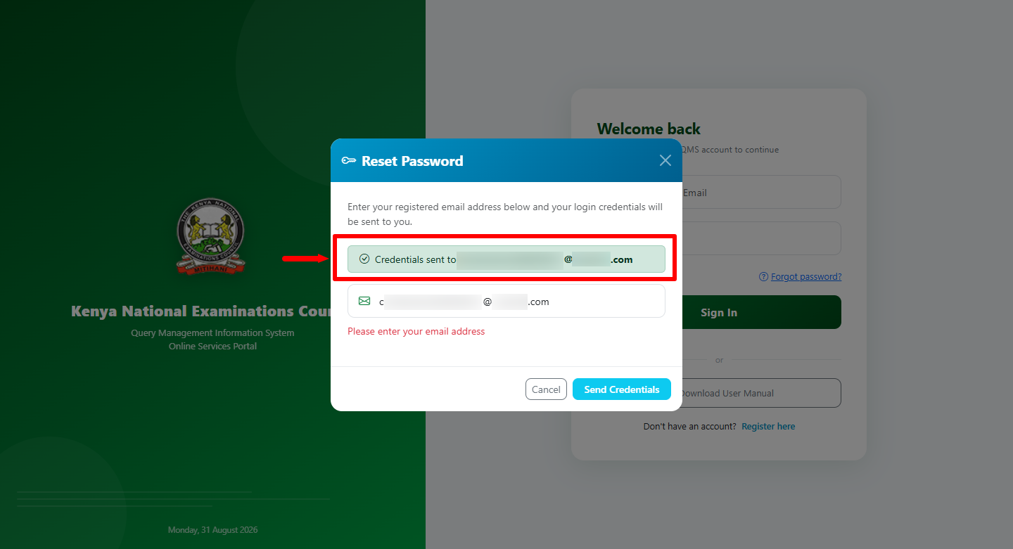 qmis knec portal credentials sent to registered email address