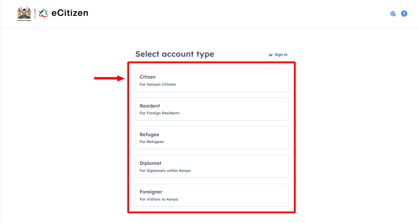select ecitizen account type