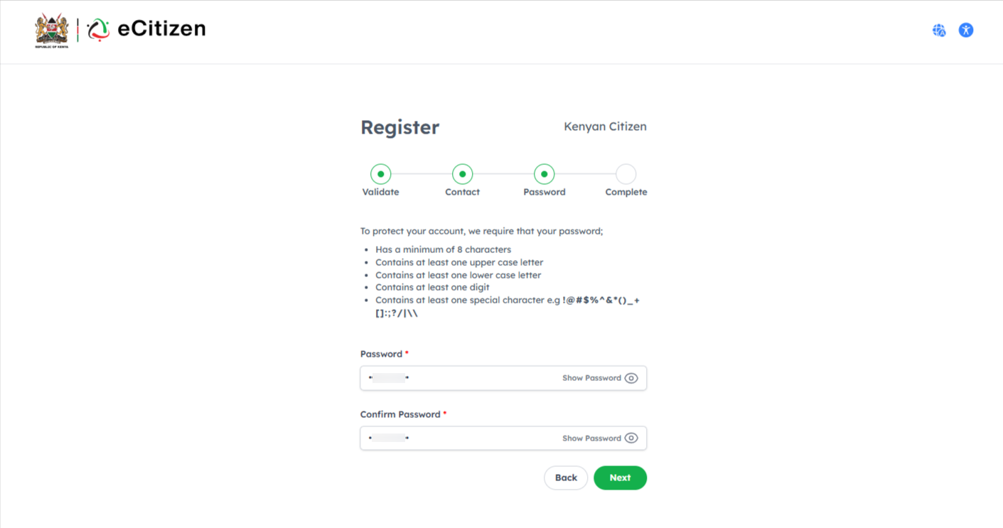 setup ecitizen account password