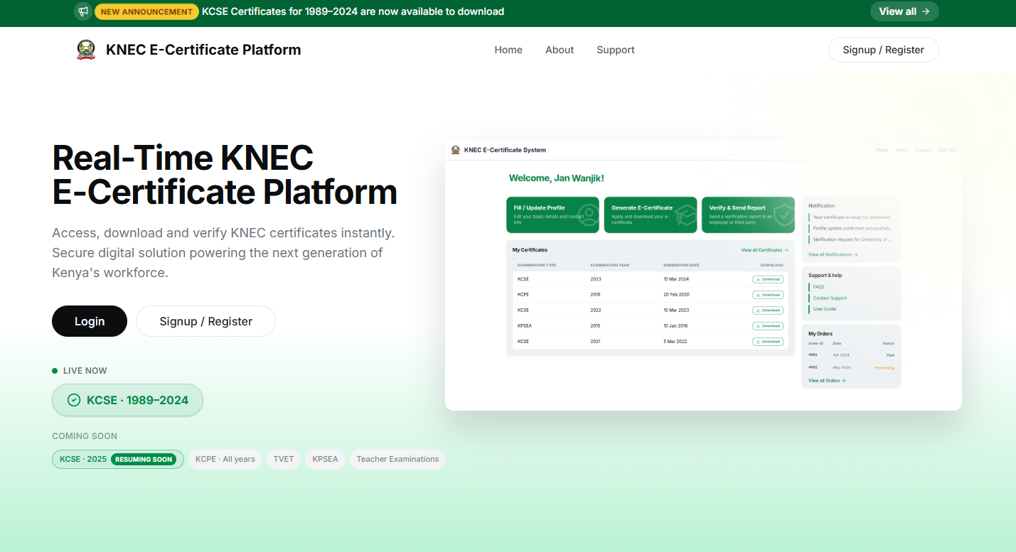 visit knec e-certificate platform